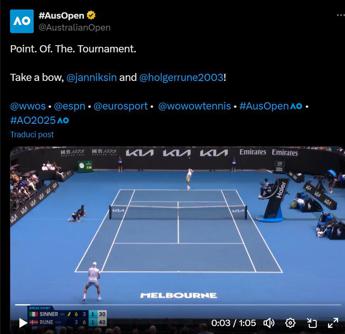 X celebra Sinner, il punto del torneo secondo l’account degli Australian Open è quello contro Rune – Il video